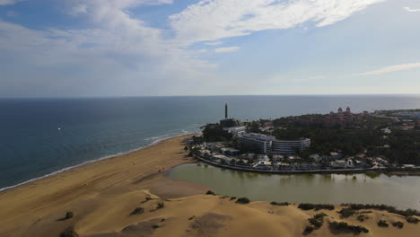 aerial view over the dunes and in orbit of the maspalomas lagoon and lighthouse on a sunny day