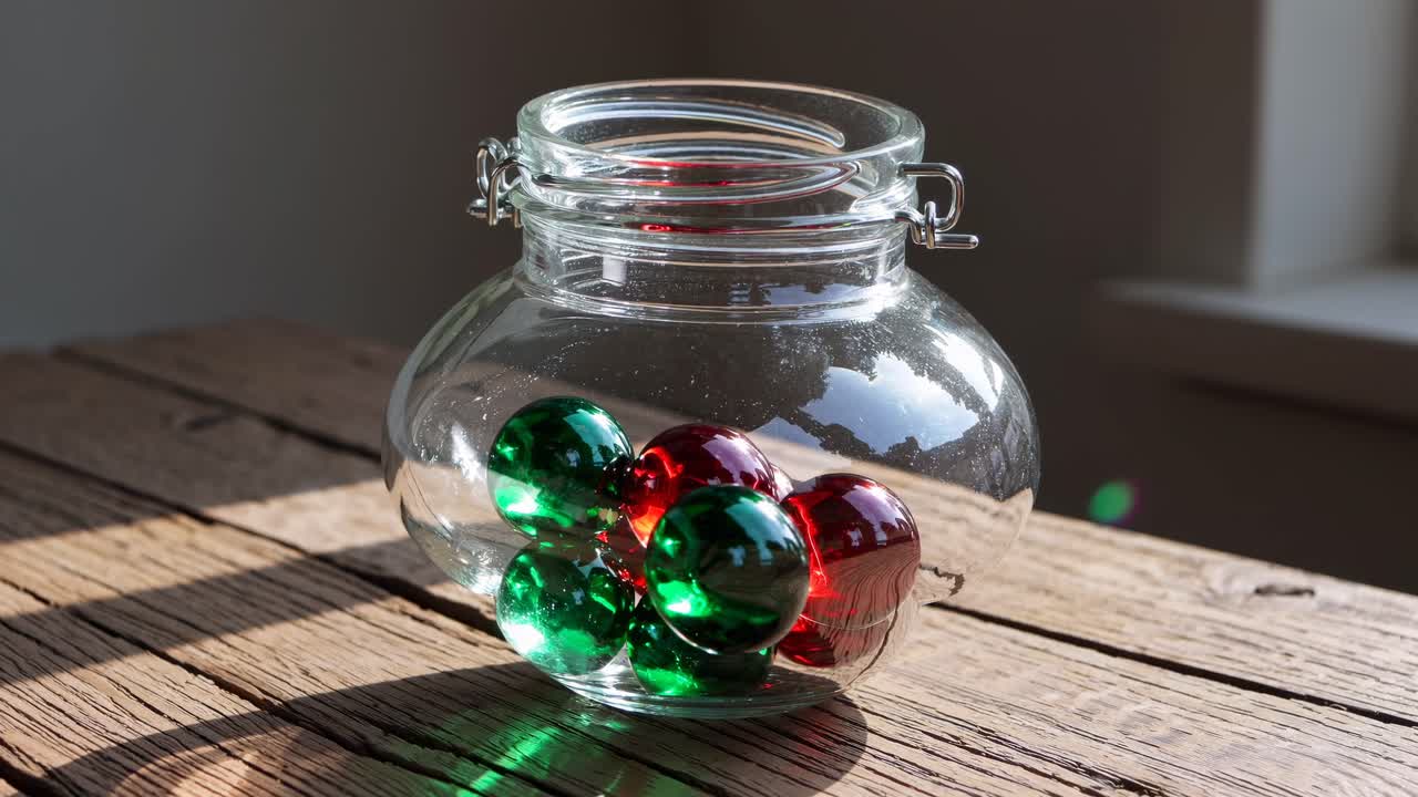 A close-up video shot of a glass jar with red and green ornaments on a rustic wooden table