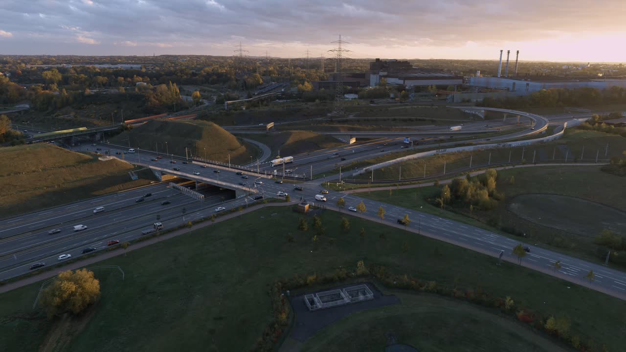 Vibrant sunset over Bochum-west (Dreieck Bochum-West) highway interchange, aerial