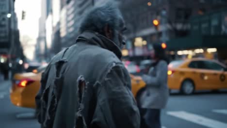 in a vibrant city, a man with unkempt hair and a torn coat strolls through busy streets filled with yellow taxis under a bright sky in the afternoon light.