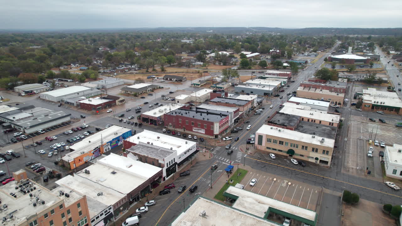 Aerial of downtown Claremore, Oklahoma along Route 66. Main Street USA, Will Rogers Blvd.