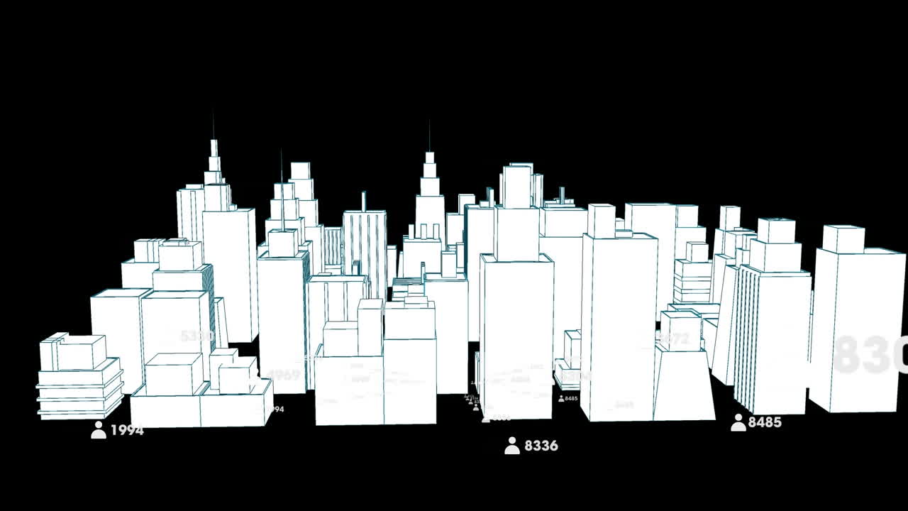 Animation of 3d cityscape with icons and numbers on black background