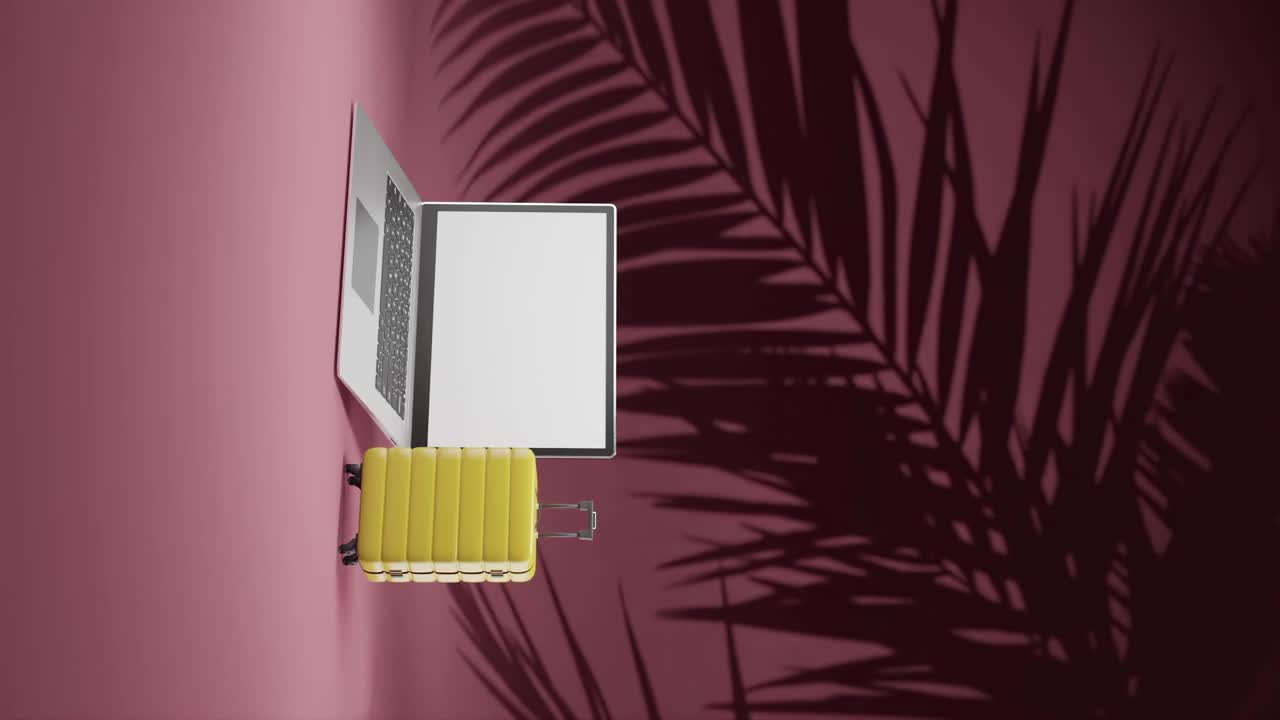 3d rendering animation of modern laptop and luggage travel suitcase concept of digital nomad remote working on red background vertical