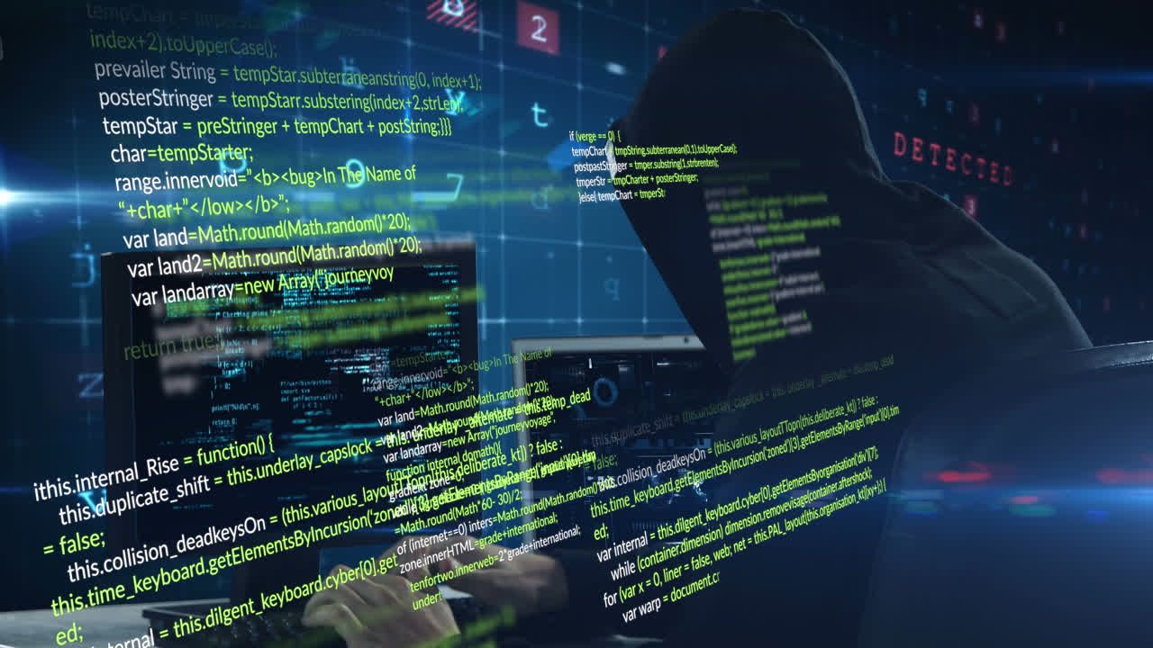 Animation of data processing and hacker on black background