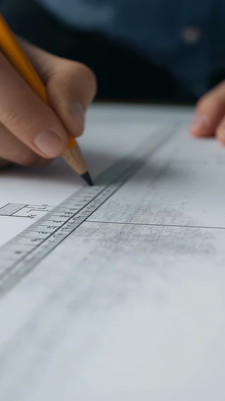Vertical video: Aligning ruler, drafter drawing thin line to mark plan with pencil in blue shirt