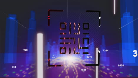 escáner de código qr con elementos de neón contra el modelo de ciudad 3d