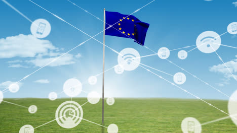 animation of network of connection and icons over ue flag and cloudy sky