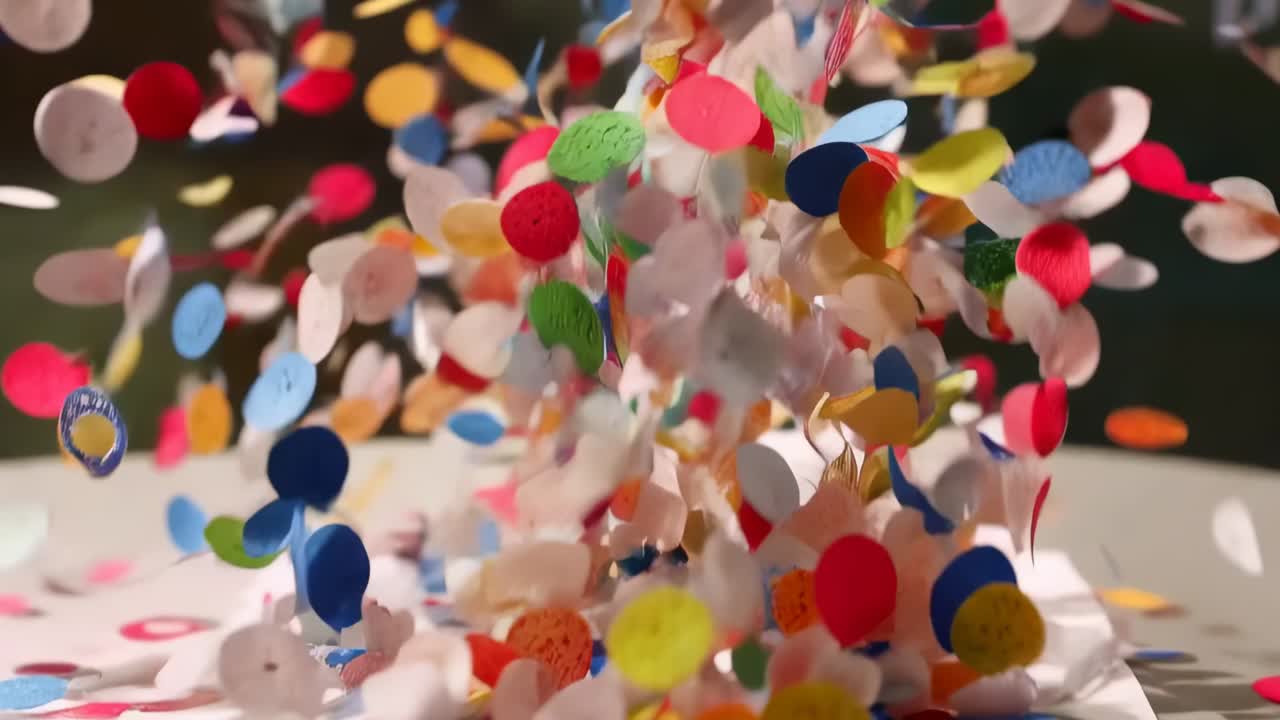 Esplosione di coriandoli colorati che si sollevano da un foglio bianco, formando una colonna rotante