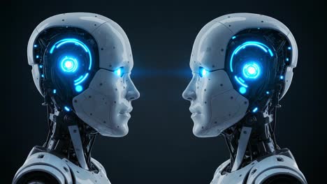 a futuristic encounter between two advanced androids showcasing their intricate design and interactive features in a minimalistic setting