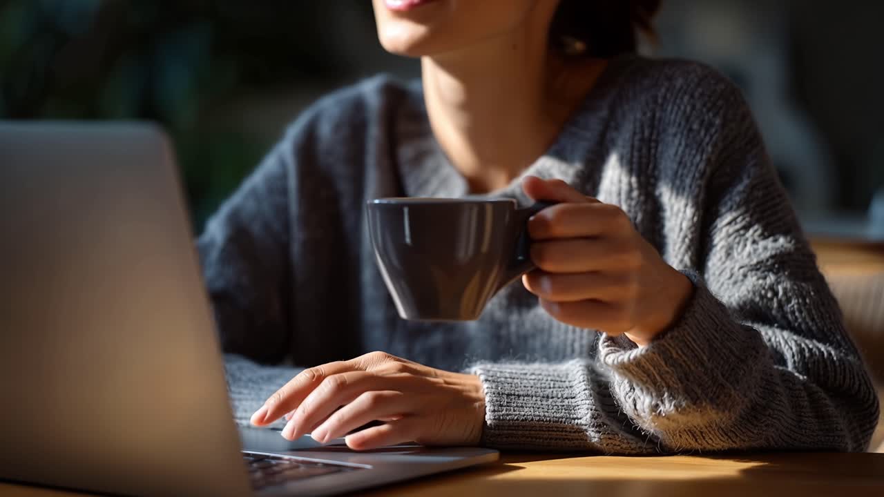 Hyggelig caféscene med varm belysning og blidt fokus. En kvinde nipper til kaffe, fingrene taster på computeren. Komfortabel, tilfreds og fokuseret på arbejde eller studie. Ideel til hjemmekontor, fjernarbejde, rolige morgener.