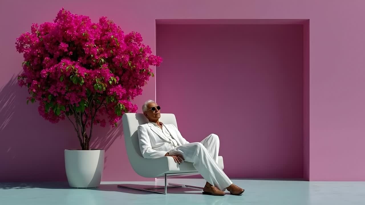 A man sitting in a white chair next to a pink wall