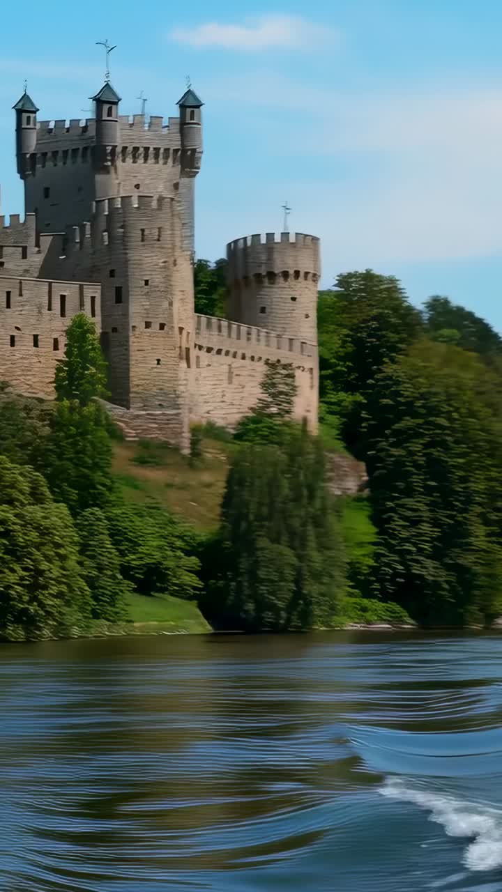 Video verticale: una barca in movimento con la bandiera tricolore tedesca sull'asta di poppa si dirige verso il castello