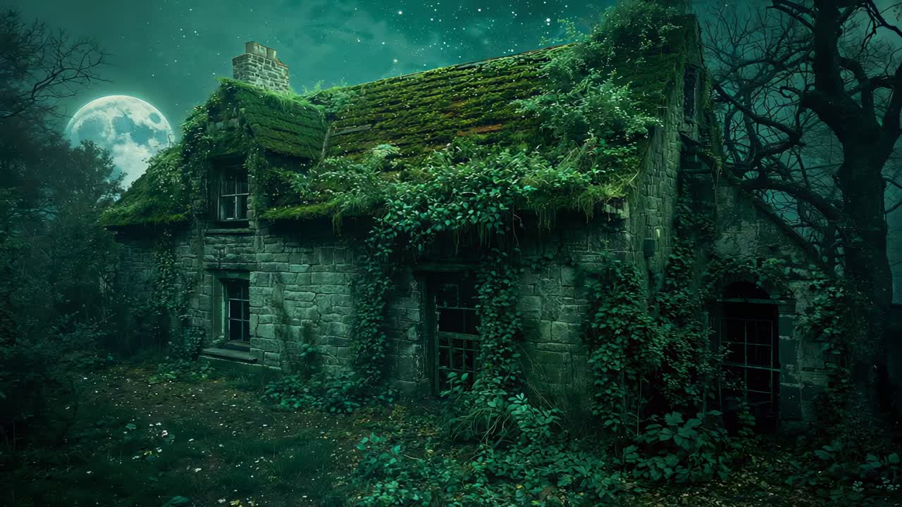 Beginning camera movement revealing abandoned stone cottage in full moon forest with drifting motes