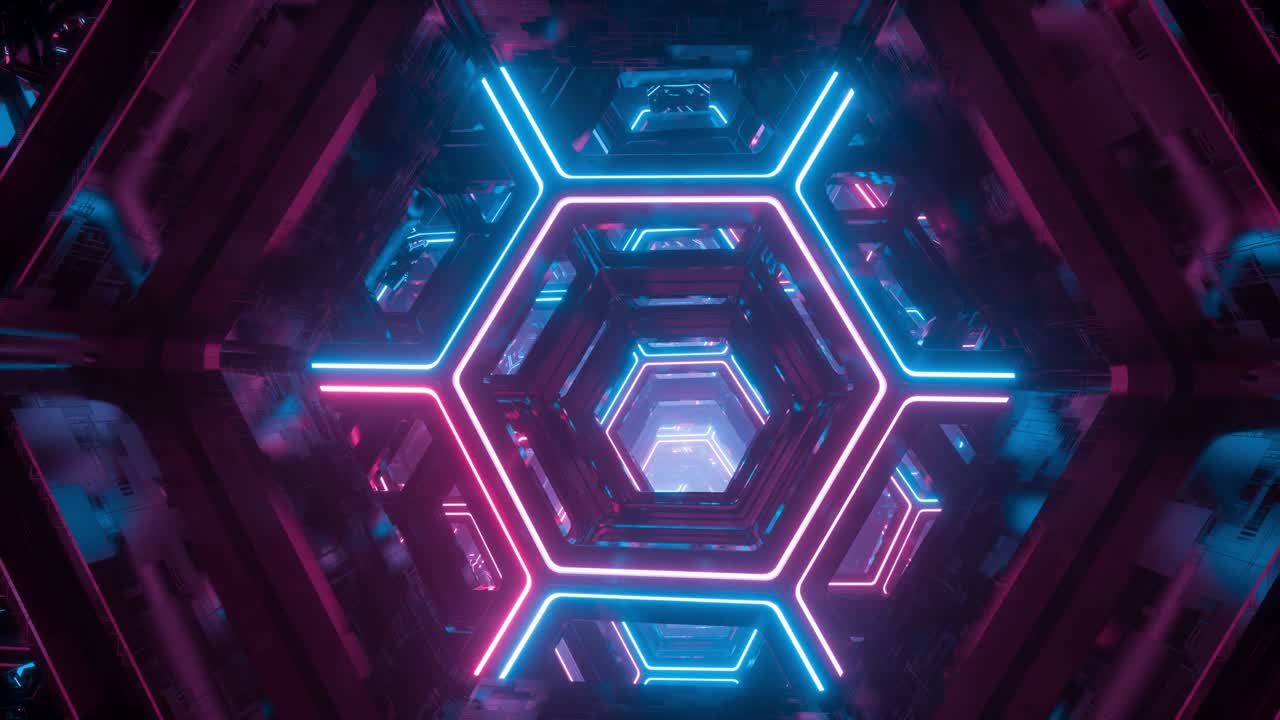 volando a través de un interminable túnel de ciencia ficción futurista. hexágonos brillantes de neón luminoso. hiper salto a otra galaxia. fondo digital creativo abstracto. iluminación colorida moderna. bucle sin costuras