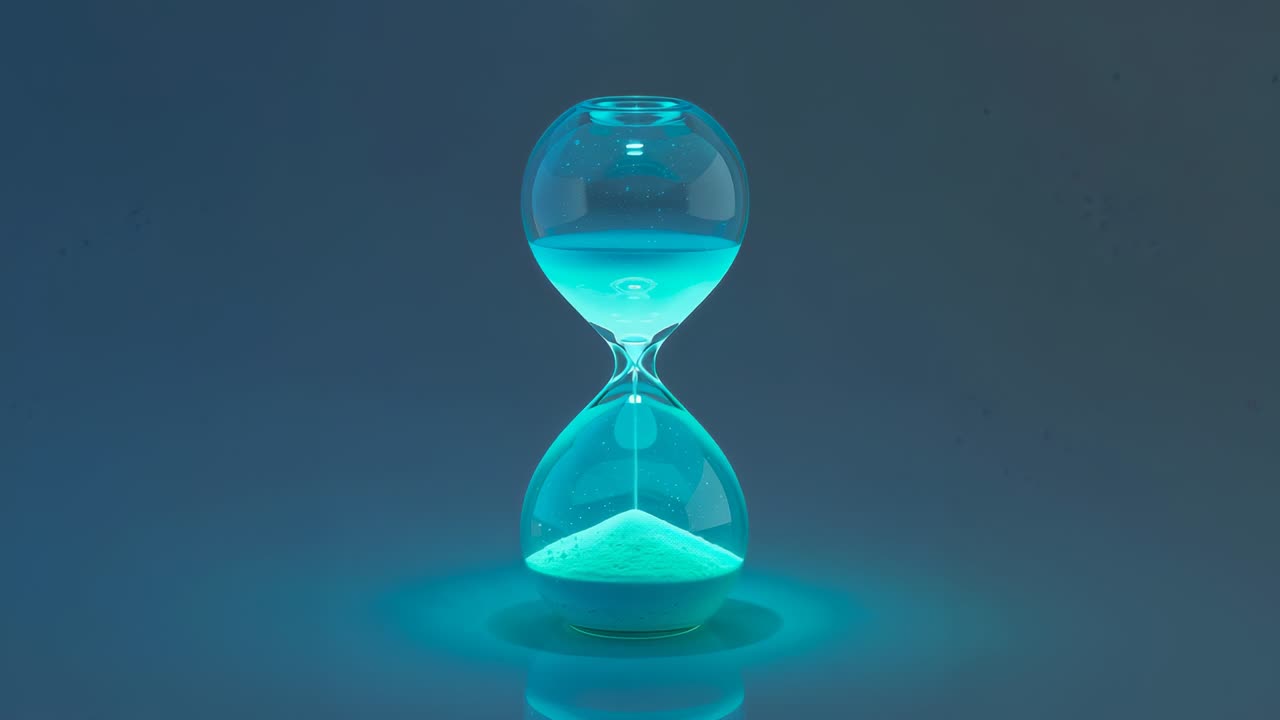 Luci da studio che si accendono illuminando una clessidra con sabbia color ottanio su una superficie lucida che mostra immobilità
