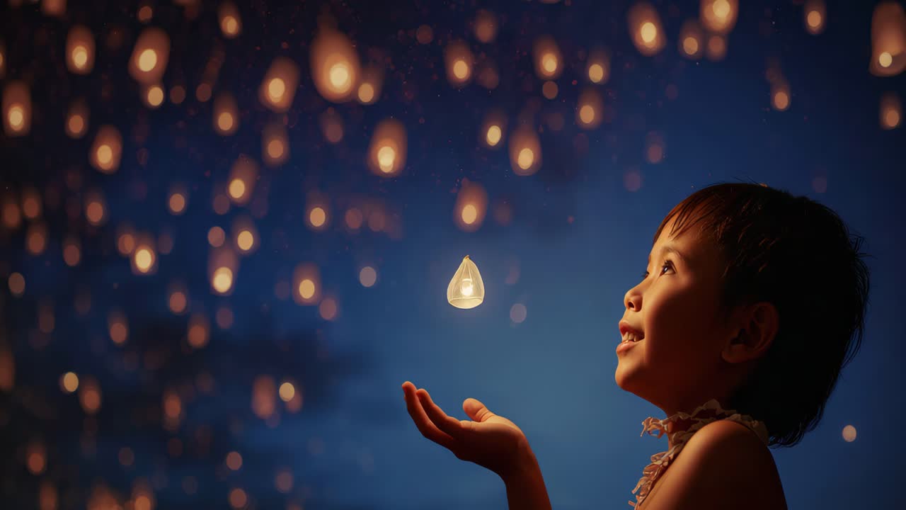 Child releasing a sky lantern into the night sky