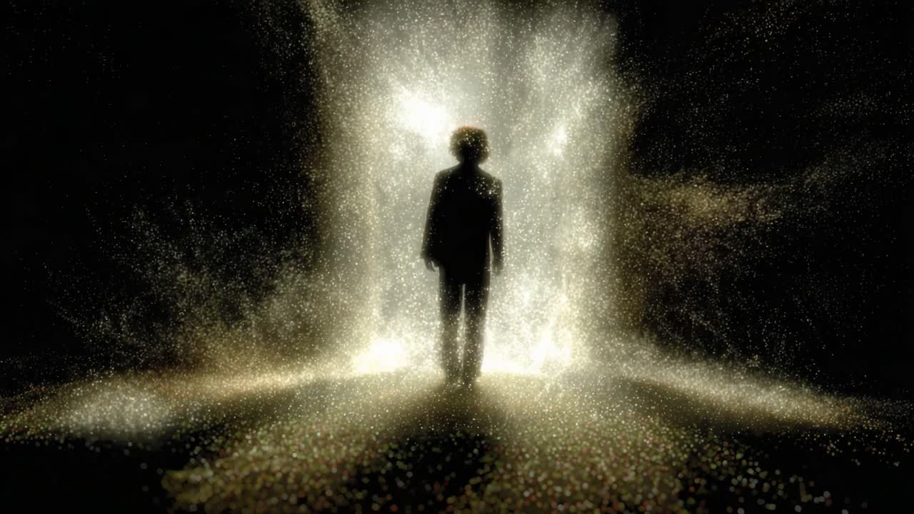 A solitary figure enveloped in radiant particles emerges from a shimmering portal, symbolizing transformation and the journey between worlds in a visually stunning display of light and energy
