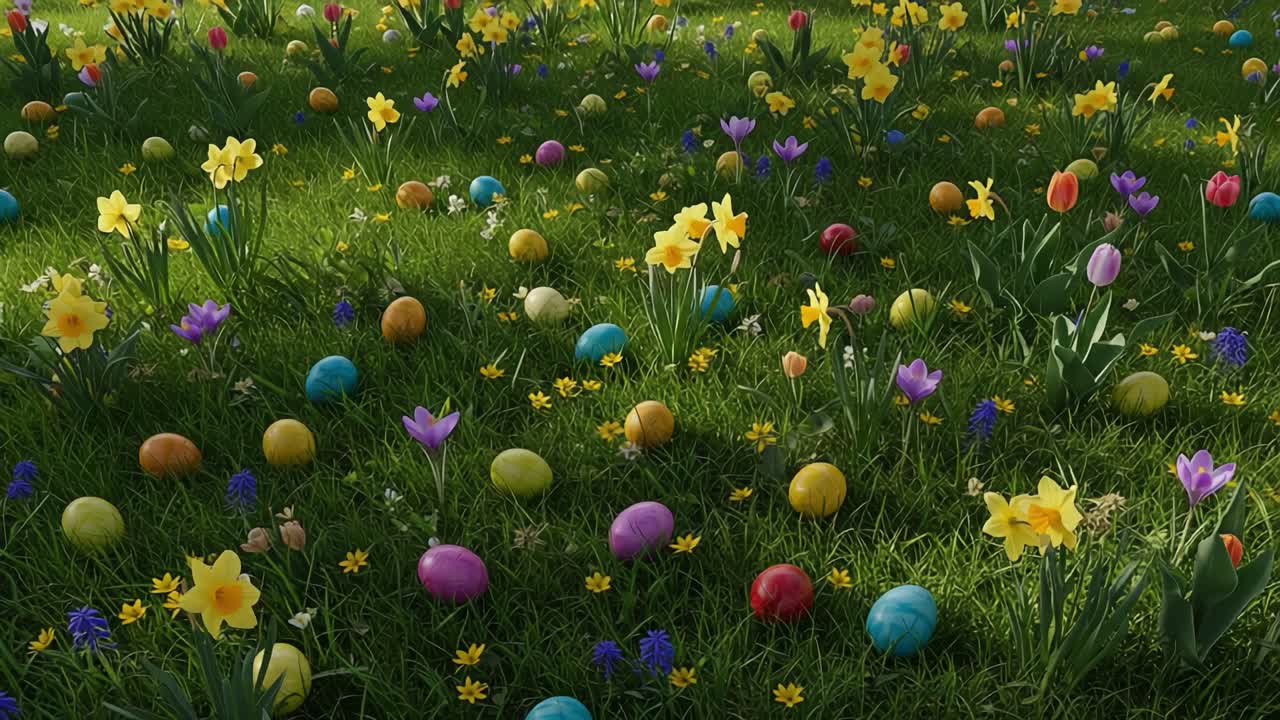 A Vibrant Springtime Scene Featuring Colorful Easter Eggs Amidst Blossoming Flowers on a Lush Green Lawn, Capturing Joyful Moments of Nature's Beauty