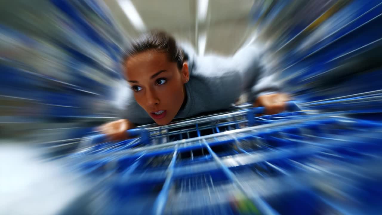 A dynamic journey through an aisle, showcasing a woman leaning forward in a shopping cart, emphasizing excitement and urgency in a vibrant retail environment