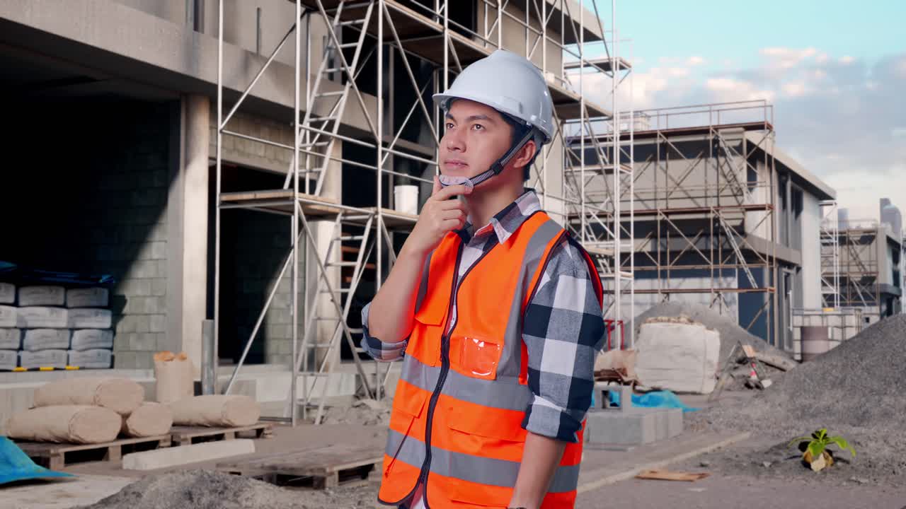 Side View Of Asian Male Engineer With Safety Helmet Thinking And Looking Around Then Raising His Index Finger While Standing At Building & Construction Site in Progress to New House