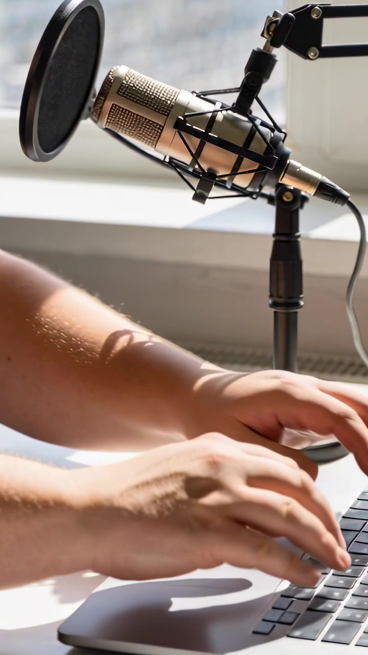 Vertical video: Picking headphones host adjusting mic pop filter at desk typing on laptop to record