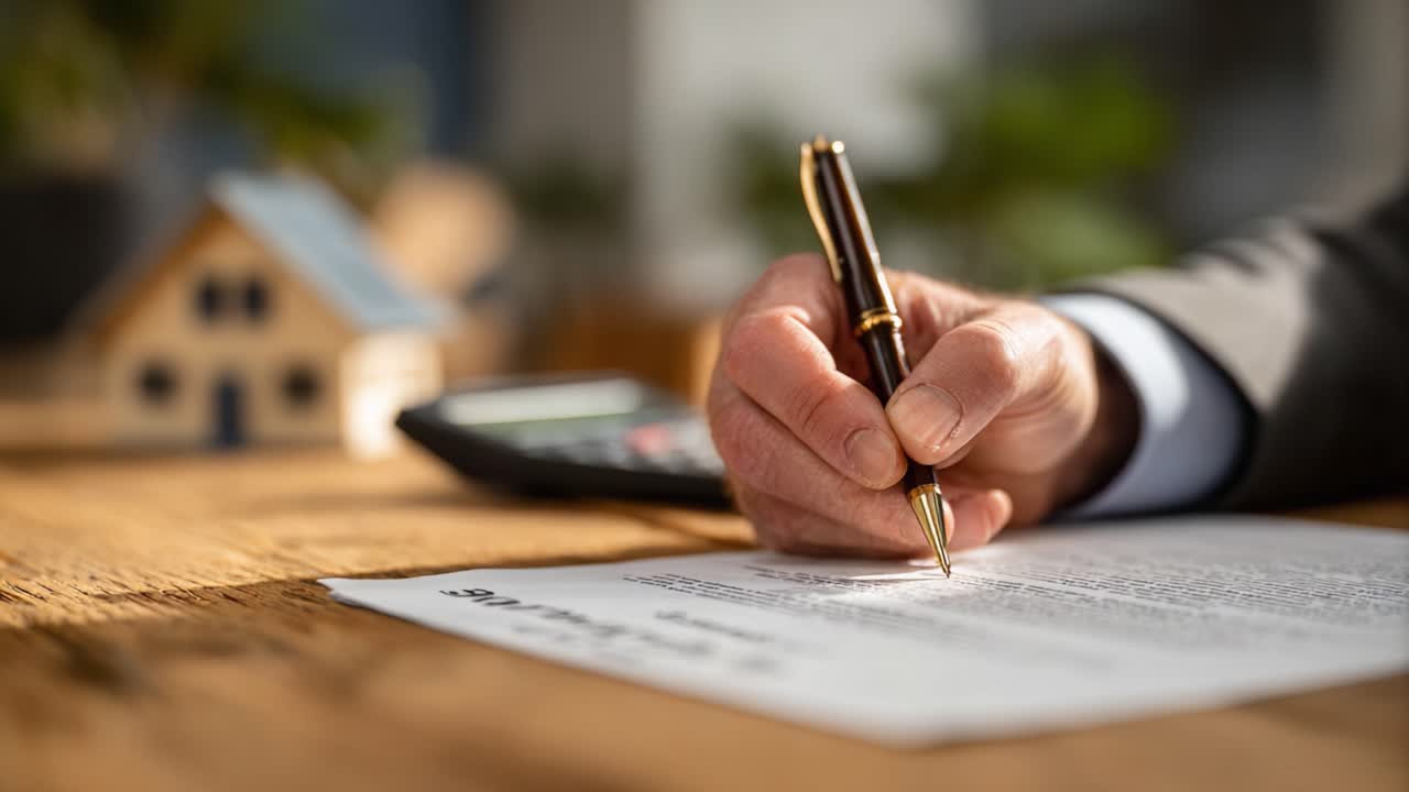 Primo piano di una mano che firma documenti importanti con un modellino di casa nelle vicinanze, che riflette transazioni immobiliari e impegni finanziari.