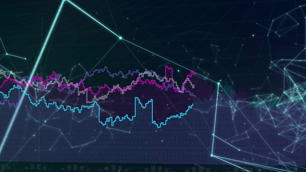 Brilho inicial do nó começando, rede ciano neon se conectando e girando, gráficos subindo, visualizando dados