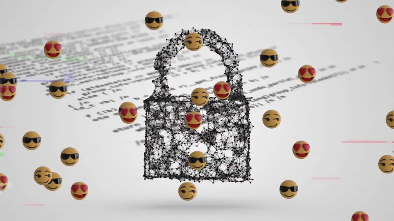 보안  ⁇ 락 아이콘의 디지털 애니메이션과 데이터 처리에 대한 여러 얼굴 이모티콘