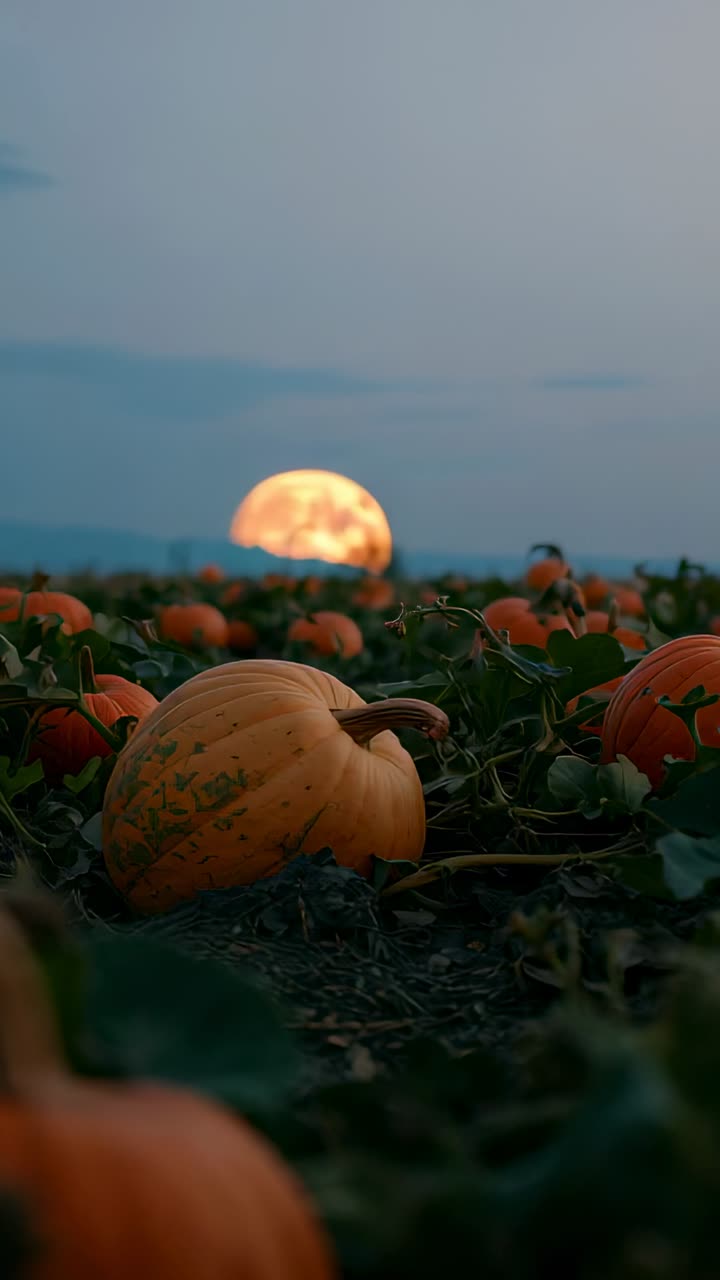 Vertical video: Rising moon illuminating pumpkin field at dusk with orange pumpkins and vine leaves
