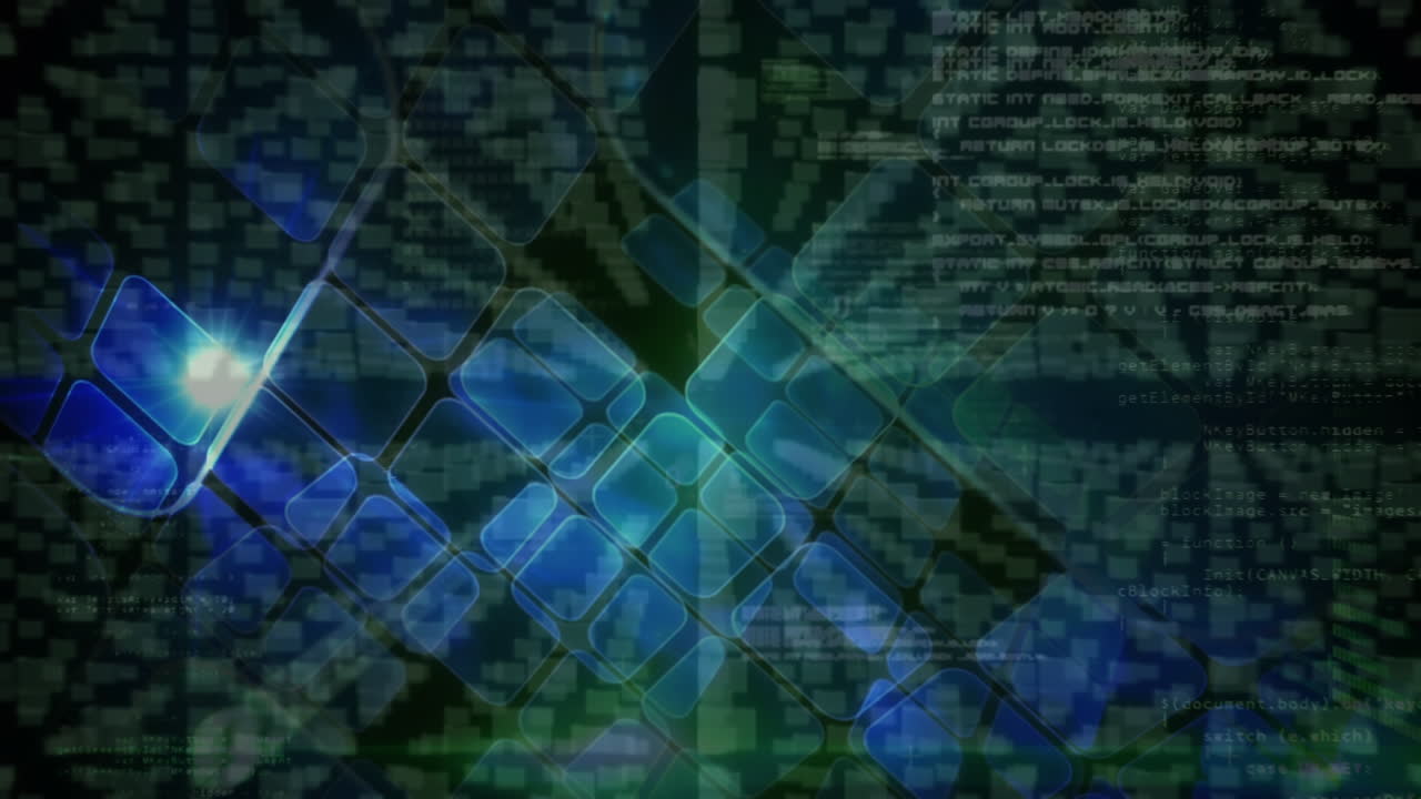 Animation of digital data processing over screens and grid background