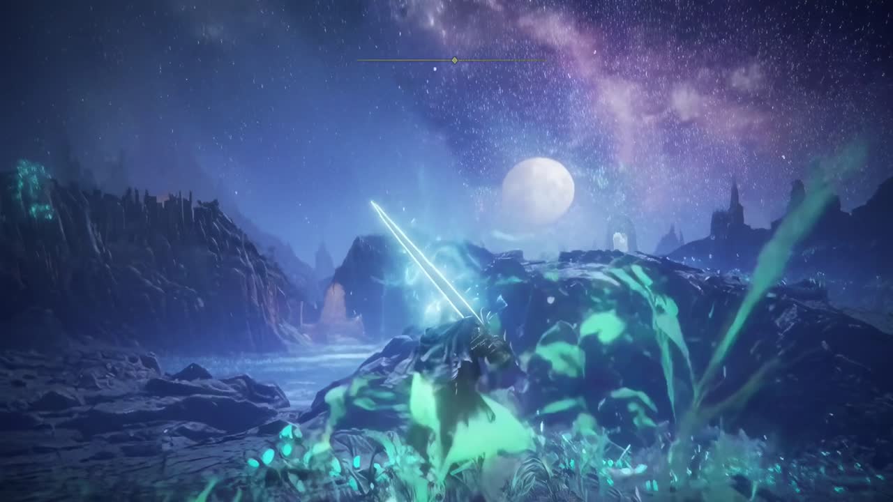 Scena video fantasy epica con una vista dal basso di un guerriero sotto un cielo stellato.