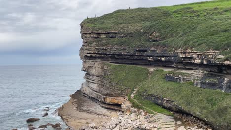 filming of the coast of the cantabrian sea where we see a spectacular cliff, we appreciate its stratographic layers of limestone covered by a green mantle of grass, at its top there are three people