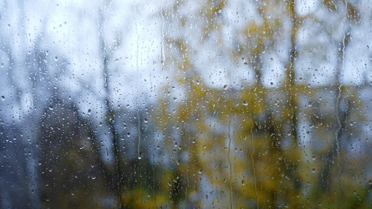 Rainy Autumn Day - View Through a Rain-Covered Window