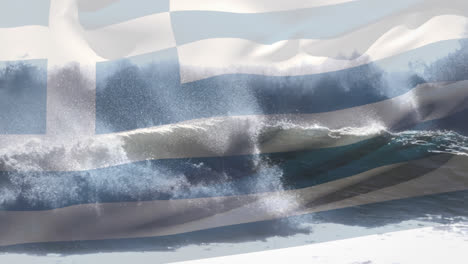 Animación-De-La-Bandera-De-Grecia-Ondeando-Sobre-El-Paisaje-Marino.