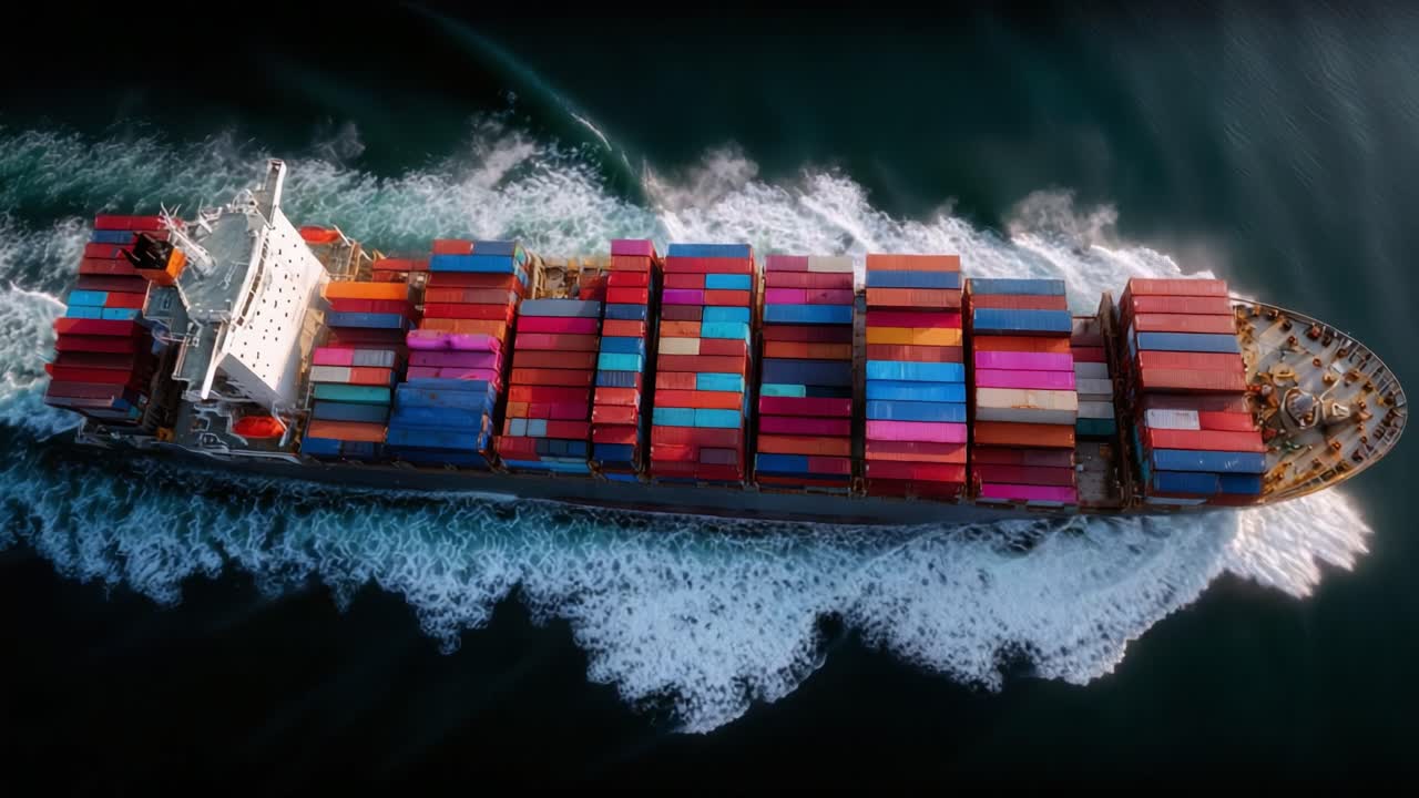 Aerial View of a Cargo Ship Surging Through Deep Waters, Loaded with Vibrant Multicolored Shipping Containers Against a Serene Marine Background