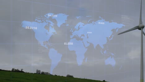 animación del procesamiento de datos financieros y el mapa del mundo sobre la turbina eólica