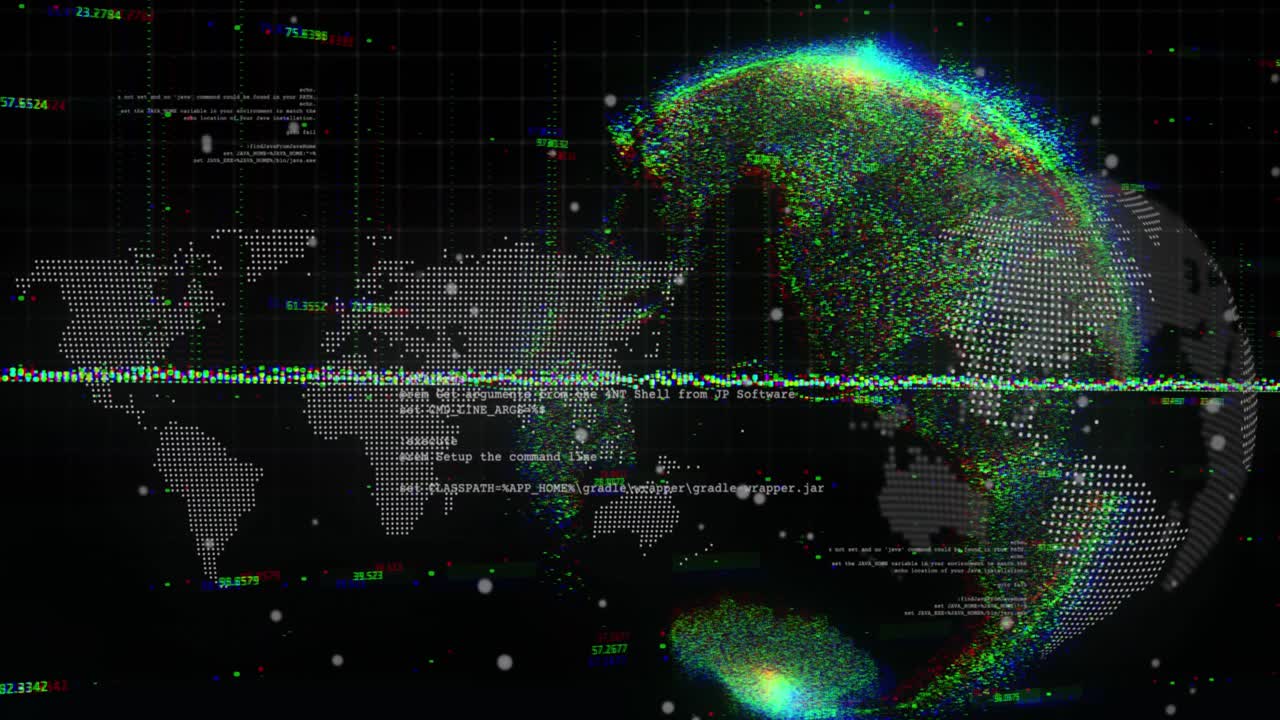 Animation of graphs, globe and world map on black background