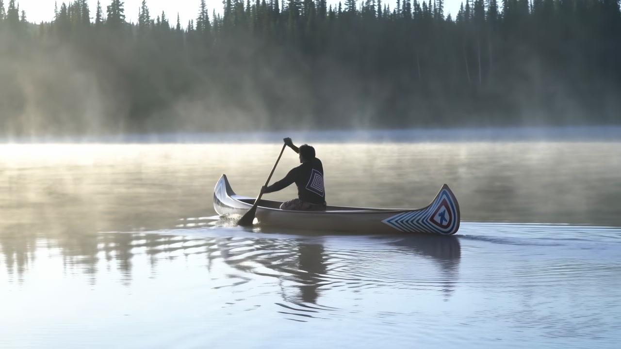 Misty Lake Sunrise Canoe Paddler Silhouette Gliding Across Glassy Water, Soft Fog Rising From Distant