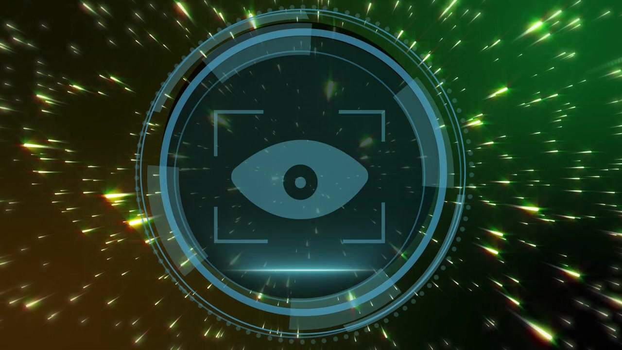 Partikkelutbrudd starter, cyber-HUD forvandles fra skjold til roterende skanner som viser sikkerhetsstatus.