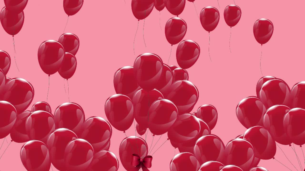 Globos redondos de color rosa intenso brillantes flotando lentamente sobre fondo rosa