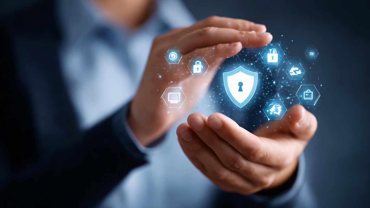 A secure digital future signified by a person holding a glowing shield symbol, encapsulating cybersecurity concepts and protection in a modern context