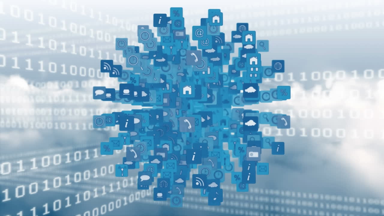 Animation of binary coding and globe of network of connections with digital icons