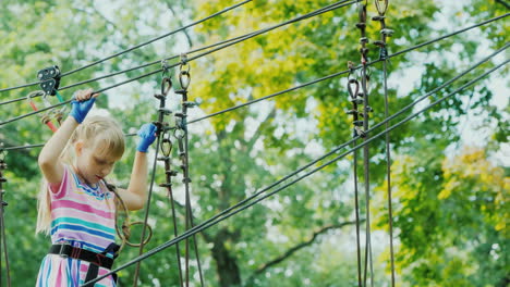 entertainment in summer camp - a child learns to use insurance cables climbs high in the branches of