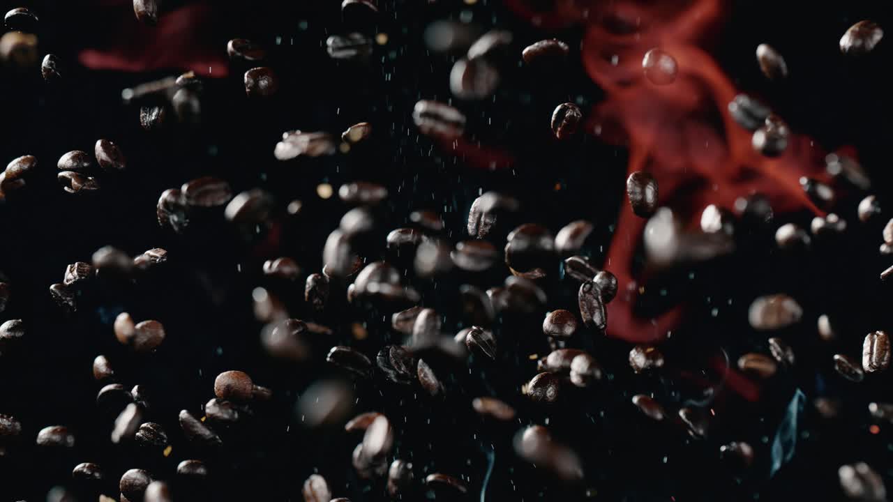 불꽃 이 커피 콩 을 둘러싸고 공중 으로 던져진다