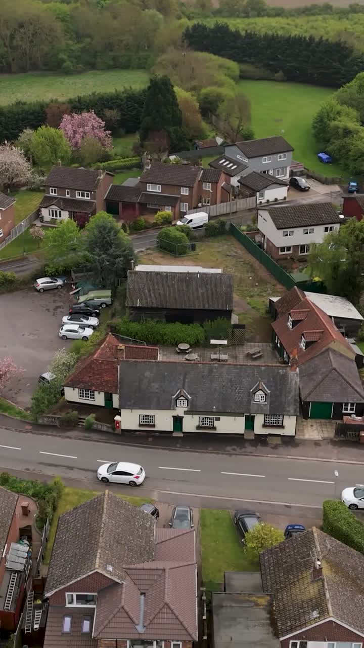 Vertical drone Orbit of Tonwell Village, Hertfordshire – Pub, School, countryside