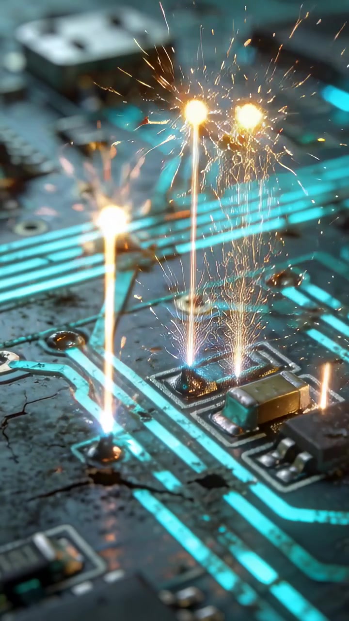 Vertical video: PCB area receiving golden beams striking pads, ejecting sparks, testing technology