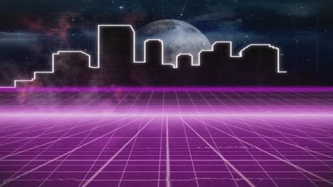 animation of night cityscape over moving purple grid