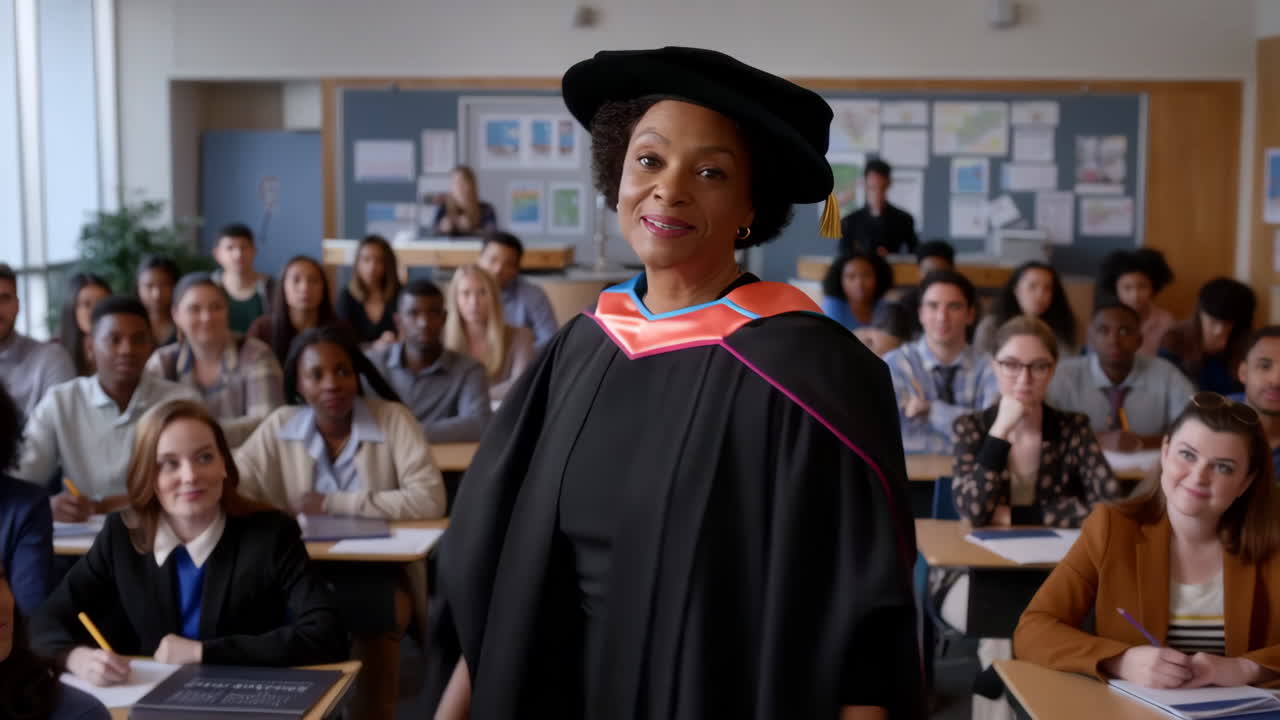 Professor in Academic Regalia Addressing a Diverse Group of Students in a Classroom