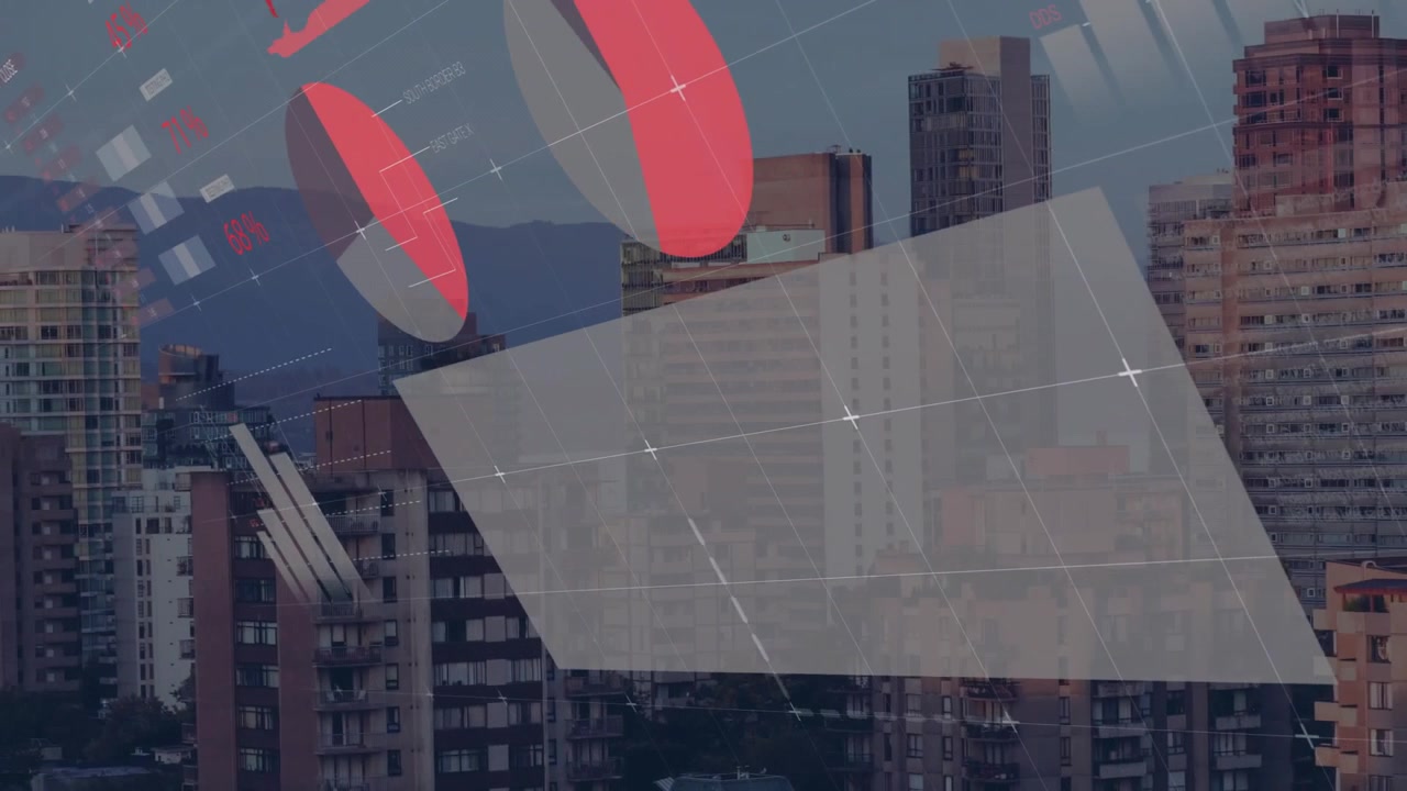 Grid lines fading in starting 3D data chart sliding, rotating and settling over city skyline