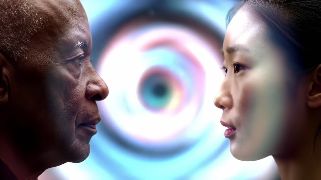 A Profound Conversation Between Two Individuals, Capturing Intense Emotions Against a Colorful Swirling Background, Highlighting the Depth of Human Connection